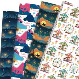 Amusement Park & Night Fireworks Wrapping Paper 12 Sheets,Carousel & Fireworks Themed Gift Wrap for Birthday Parties,Theme Parks,Celebrations,20"×28"
