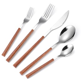 Silverware Set, 20 Piece Mirror Flatware Set Stainless Steel Eating Utensils With Wooden Effect Handle, A Complete Tableware Cutlery For Most Families,Knife Fork Spoon Service For 4 Dishwasher Safe