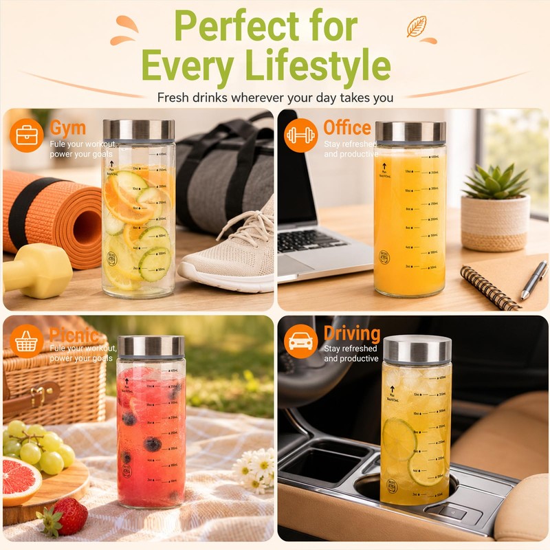 Luxgola 20oz Reusable Glass Juice Bottles with Lids, Wide Mouth,