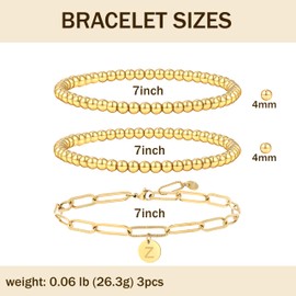 14K Gold Plated Stackable Initial A-Z Beads Bracelet for Women with Letter Pendant Stretch Trendy Stack Jewellery Set for Valentine's Day Jewellery Gifts, 7", Stainless Steel, No gemstone