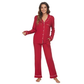 HEARTNICE Womens Pajama Set, Soft Long Sleeve Pajamas & Long Pants with Pockets, Warm Button-up Sleepwear Lounge Pjs, A-burgundy-l, Large