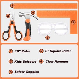 REXBETI 10-Piece Kids Tool Set with Real Hand Tools, Orange Durable Storage Bag, Children Learning Tool Kit for Home DIY and Woodworking