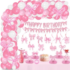 140Pcs Pink Bow Birthday Party Decorations Girl Coquette Bow Balloons Arch Kit Pink Bow Birthday Banner Hanging Swirls Honeycomb for Girl Bachelorette Bridal Engagement Baby Shower Party Supplies