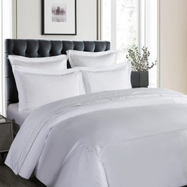 Hotel Grand White Duvet Cover Set Queen Full Size - Tencel Cotton Blend Comforter Cover 3 Pieces with Colored Embroidery, 1 Duvet Cover 90" x 98" with Button Closure and 2 Pillow Shams