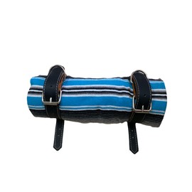 BLACK MOTORCYCLE BELT WITH BLANKET, BLANKET HOLDER, BIKER, HAND MADE, REAL LEATHER, INCLUDES SARAPE, MOTORCYCLE, TURQUOISE BLANKET