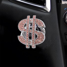 DUSCOKE Bling Car Push Start Button Cover, Rhinestone Engine Start Stop Button Sticker, Dollar Crystal Auto Key Ignition Knob Cover, Vehicle Interior Accessories for Women, Girl (Pink)