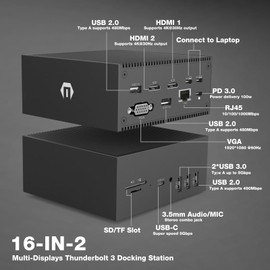 16 in 2 USB C Docking Station for MacBook Pro/Air, Universal USB C Dock Triple Display Multiport Hub with 4K HDMI, VGA, 100W PD Dongle (USB-A/C 3.0, RJ45 LAN, Audio & Mic, SD/TF) for Lenovo, HP, Dell