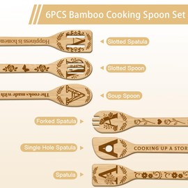 GLOBLELAND 6Pcs Floral Letter A Bamboo Cooking Utensils Wooden Engraved Cooking Spoons Set Flower Pattren Carving Kitchen Bamboo Spatula Set Wood Cooking Spoon for Kitchen House Warming Gift