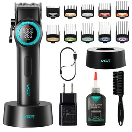 VGR 001 Professional Hair Clippers for Men, Cordless Barber Clippers for Hair Cutting, Carbon Steel Blade Hair Trimmers for Barbers, 9000RPM, LED Display, Black