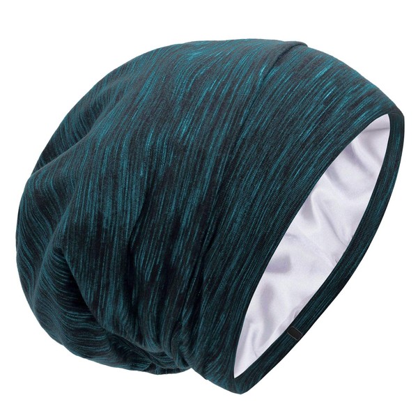 Silk Satin Lined Bonnet Sleep Cap - Adjustable Stay on All Night Hair Wrap Cover Slouchy Beanie for Curly Hair Protection for Women and Men - Heather Lake Blue