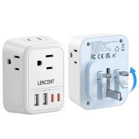 LENCENT Adaptador de Viaje Enchufe UK, Cargador con 4 Salidas CA y 4 Puertos USB (2 USB-C), Convertidor de Enchufe Americano a Inglés Tipo G con Toma de Tierra, para Reino Unido, Irlanda, Hong Kong
