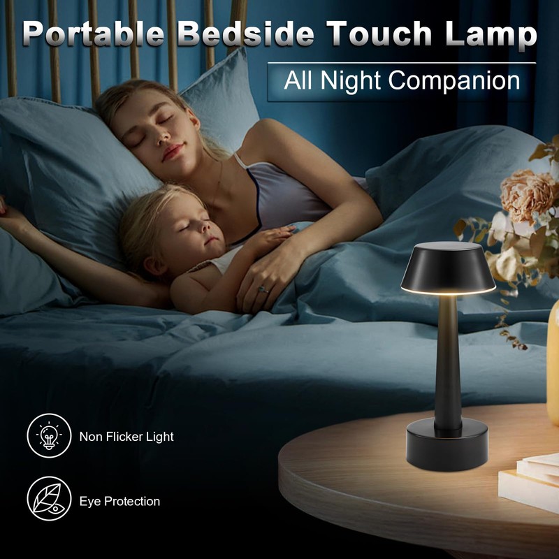 2 Pack Small Cordless Table Lamp, Battery Operated Black Lamp