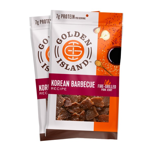 Golden Island Pork Jerky Korean Barbecue – Gluten Free Protein Snack, Korean BBQ Flavor, Made with 7g of Protein Per Serving – 9 Oz (Pack of 2)