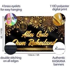 Alles Gute Zum Ruhestand Banner 150 x 90 cm - Rente Gut Alles Gut Garland - Finally Retirement Decoration - Vivid Digital Print - 110 Denier Polyester - Double Stitching (Black & Gold)