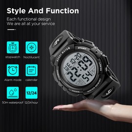 LIFEJXWEN Digital Sports Watch for Men, 50M Waterproof Sports Watch for Men with LED Backlight and Alarm Stopwatch 12/24 Hours, black, Bracelet