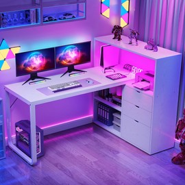 DWVO L Shaped Desk with Drawers & Power Outlets, 55" Computer Desk with Bookshelf, Corner Desk Home Office Desk with Storage Shelves & LED Lights, White