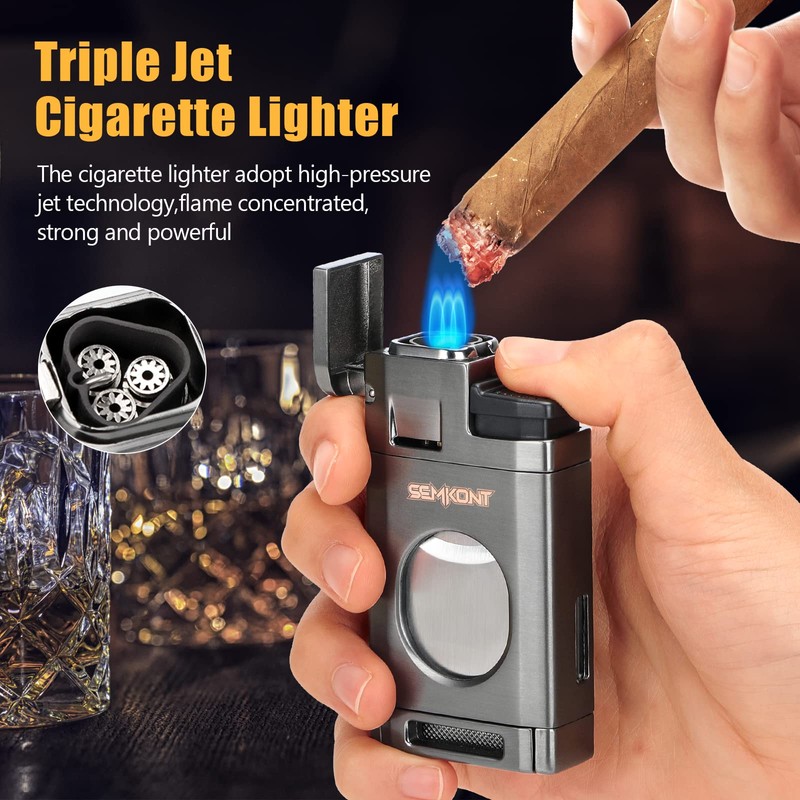 SEMKONT Triple Jet Flame Cigar Lighter with Cutter, Windproof Butane