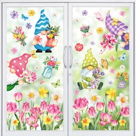 FYSUIMU 9 Sheets Spring Gnome Flower Windows Cling Stickers Watercolor Gnome Tulip Floral Butterfly Window Decals Easter Colorful Reusable Static Window Decoration for Party Home Office Classroom