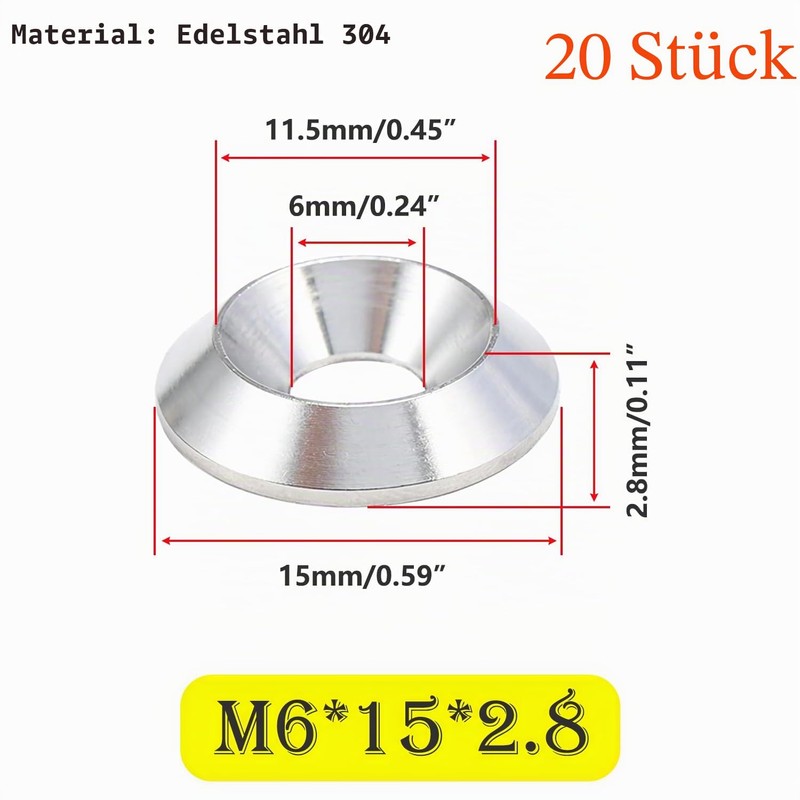 Ctyjia Countersunk Washer, Stainless Steel Washer, M6 x 15 mm