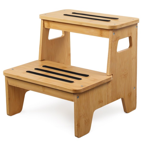 Wooden 2-Step Stool, Bamboo Step Stool with Handles, DIY Non-Slip