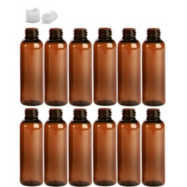 Premium Essential Oil 2 Ounce Cosmo Round Bottles, PET Plastic Empty Fillable BPA-Free, with Natual Color Press Down Disc Caps (Pack of 12) (Amber)