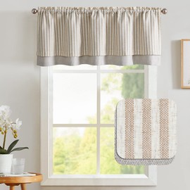 Vangao Kitchen Valance Linen Stripe Short Curtain Farmhouse Rustic Pinstripe Tickingstripe Double Layer Blackout Rod Pocket Window Topper Treatment 18 Inch 1 Panel Taupe on Beige