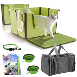 XL Size Foldable Large Cat Litter Box, 8pcs Essentials Included in Cat Starter Kit - Litter Box, Pet Carrier Bag and More stuffs Convenient for All Life Stages Pets Indoor Outdoor, Camping Traveling
