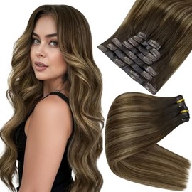 Full Shine Extensiones De Cabello Humano Marrón Con Clip De 20 Pulgadas, Trama De PU, Extensiones De Cabello Marrón Oscuro Con Raíces 2/3/27 Balayage, Cabello Remy Con Clip, 8 Piezas, 120 G