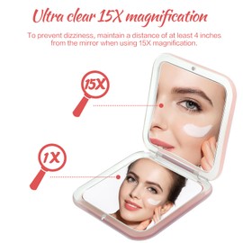 Espejo de aumento compacto de viaje, copos de nieve, espejo de bolsillo pequeño, 1x/15x, espejo cosmético de mano portátil para viajes y monederos (rosa)