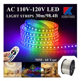 KERTME 5050-60 Type AC 110-120V RGB LED Strip Lights, Flexible/Waterproof/Dimmable/Multi-Colors/Multi-Modes LED Rope Light + 24 Keys Remote for Home/Garden/Building Decoration (98.4ft/30m, RGB)