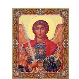 Needzo Saint Archangel Michael With Sword, Orthodox Catholic Icon, Wooden Wall Hanging With Stand, Gold Foil 7 1/2 inch