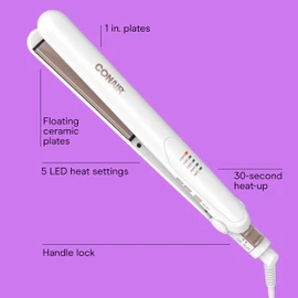 Conair Double Ceramic Flat Iron, 1-Inch Flat Iron Hair Straightener, Five Heat Settings, Extra Long Floating Plates, White