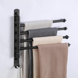 OURVII Swivel Towel Rack 4 Tier Face Towel Bar 12 Inch Bathroom Door Towel Rack Drying Rack for Towels Socks Wall Towel Racks (Stainless Steel, Black 4-Arm)