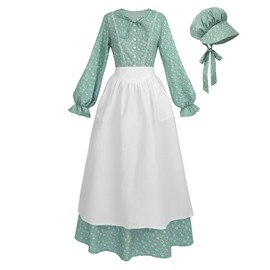 LTAKK Colonial Dress Women Pioneer Costume Pilgrim Prairie Dresses Floral Civil War Dress with Bonnet and Apron, Green, Medium