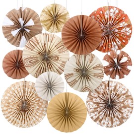 Sayglossy 12 Pcs Boho Classroom Hanging Paper Fans 8'' 12'' 16'' Boho Classroom Decoration Rainbow Round Paper Fans Garlands Neutral Rustic Flower Leaf Wall Decor for School Office Party Decor