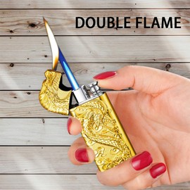 Embossed Dragon Flame Lighter, Cool Dual Flame Butane Lighter, Creative Windproof Lighter, Dual Flame Dragon Lighter, Butane Refillable Torch Lighter, Unique Men's Lighter Gift (No Gas) (Gold)