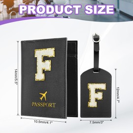 PATIKIL Passport Holder for Travel, Initial Passport Cover and Luggage Tag Set with Alphabet Chenille Letter Patch Travel Wallet Bag Suitcase Identifier for Women Family Travel Black F