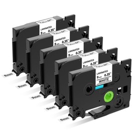 Tze221 TZe-221 Compatible Brother P-Touch Label Maker Tape 9mm TZE 221 Tz221 TZe Tape 9mm 0.35inch Black on White Laminated Label Tape use for Brother P Touch PT-H110 PT-D210 PT-D400 PT-D600, 5 Pack