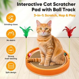 Extra-Large Round Cat Scratcher with Ball Track – 3-in-1 Circular Cardboard Scratching Pad with Feather Toys – Interactive Cat Toy Round Track for Indoor Cats, Kitten Play Lounge Board (Orange)