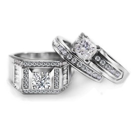 Two Rings His Hers Wedding Ring Sets Couples Matching Rings Women's 2pc White Gold Plated White CZ Wedding Engagement Ring Bridal Sets Men's Stainless Steel Band Wedding Band