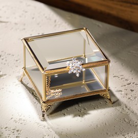 DHCGPP Rectangular Vintage Glass Jewelry Box with Hinged Lid, Jewelry Ring, Bracelet, Souvenir Metal Display Box, Transparent Storage Box.(4.3x4.3x3.5Inches)