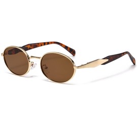 Long Keeper Vintage Metal Oval Sunglasses Womens Mens 90s Retro Round Sunglasses Trendy Slim Oval Sun Glasses UV400 Protection Fashion Shades, 53mm (Gold Leopard Frame - Brown Lens)