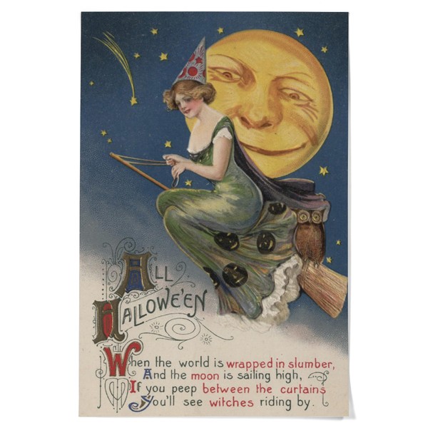 Lantern Press 36x54 Inch Giclee Art Print Wall Decor, Halloween Greeting, Witch in Flight, Vintage Holiday Art