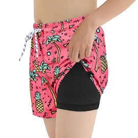 Century Star Boys Swim Trunks with Compression Liner Quick Dry Kids Boys Board Shorts Beach Waterproof Surfing Bathing Suit Pink Pineapple 12-14 Years