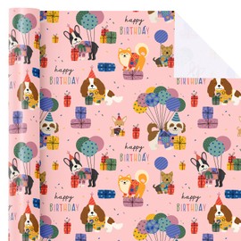 WRAPAHOLIC Dog Birthday Wrapping Paper Roll - Mini Roll - 17 Inch x 9.8 Feet - Pink Birthday Puppy Dog, Perfect for Birthday, Party, Holiday