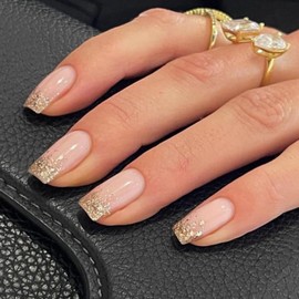 MERVF Square Press on Nails Medium Fake Nails Gold Glitter French Tip Glue ons Ombre Design Squoval Luxury Acrylic Elegant False Nail 24pcs Glossy