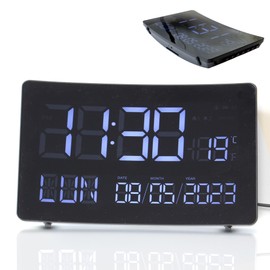 XXL Curved Clock - Large Negative LCD Display - Large Digital Digits - Temperatures, 2 Alarms, Date, 5 Languages - Brightness Adjustable - Clear and Futuristic Design Without Edge -