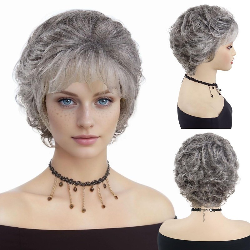 GNIMEGIL Short Grey Elderly Wigs Curly Wigs for White Women