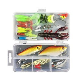 VOANZO 28Pcs Fishing Lures, Fishing Lure Kits with Soft and Hard Lure Baits, Plastic Worms, Crank Bait, Shrimp (Include Tackle Box)
