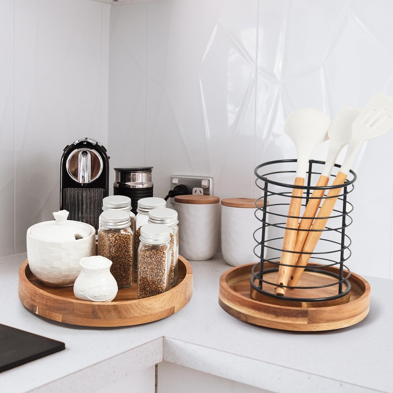 9 Inch Acacia Wood Lazy Susan Organizer for Cabinet, Lazy